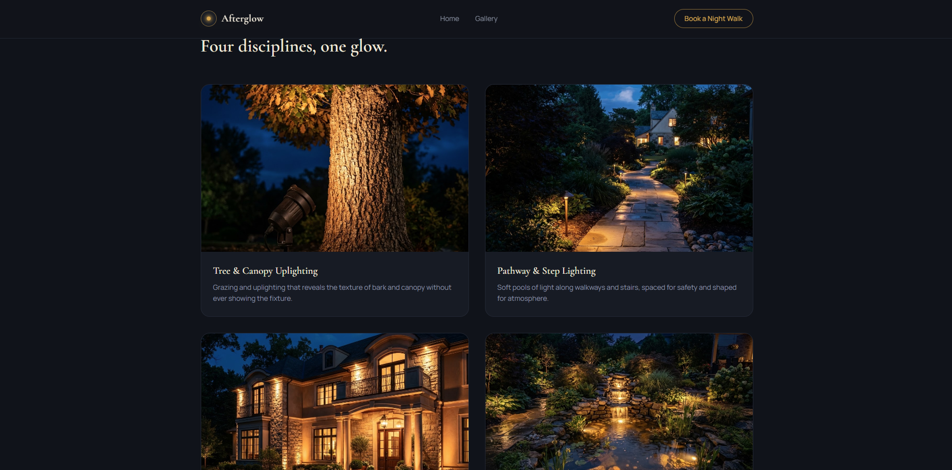 Afterglow Four Disciplines One Glow services grid showing tree and canopy uplighting, pathway and step lighting, architectural facade lighting, and water feature lighting