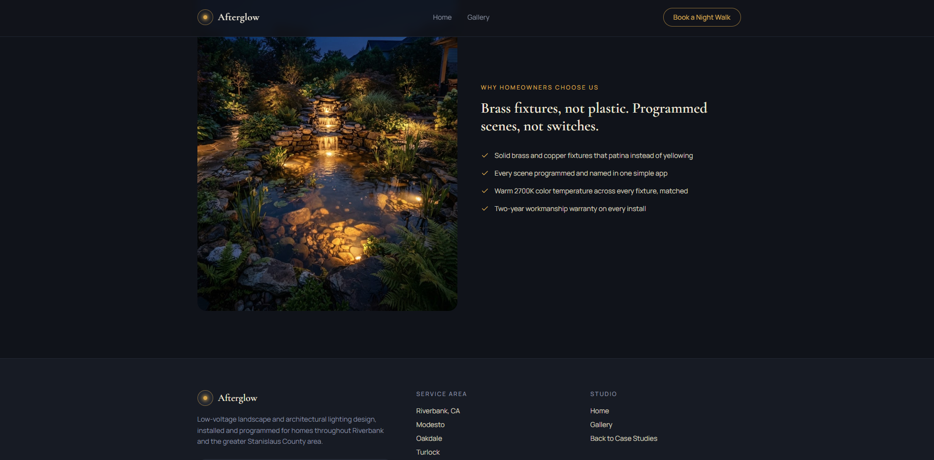 Afterglow Why Homeowners Choose Us section with a lit pond and waterfall photo alongside brass fixtures, programmed scenes, and warranty trust points, plus site footer