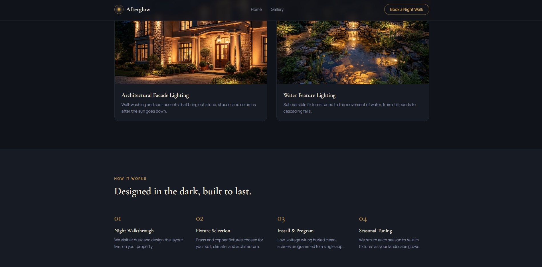 Afterglow Designed in the Dark Built to Last four-step Night Walkthrough process alongside architectural facade lighting and water feature lighting discipline cards