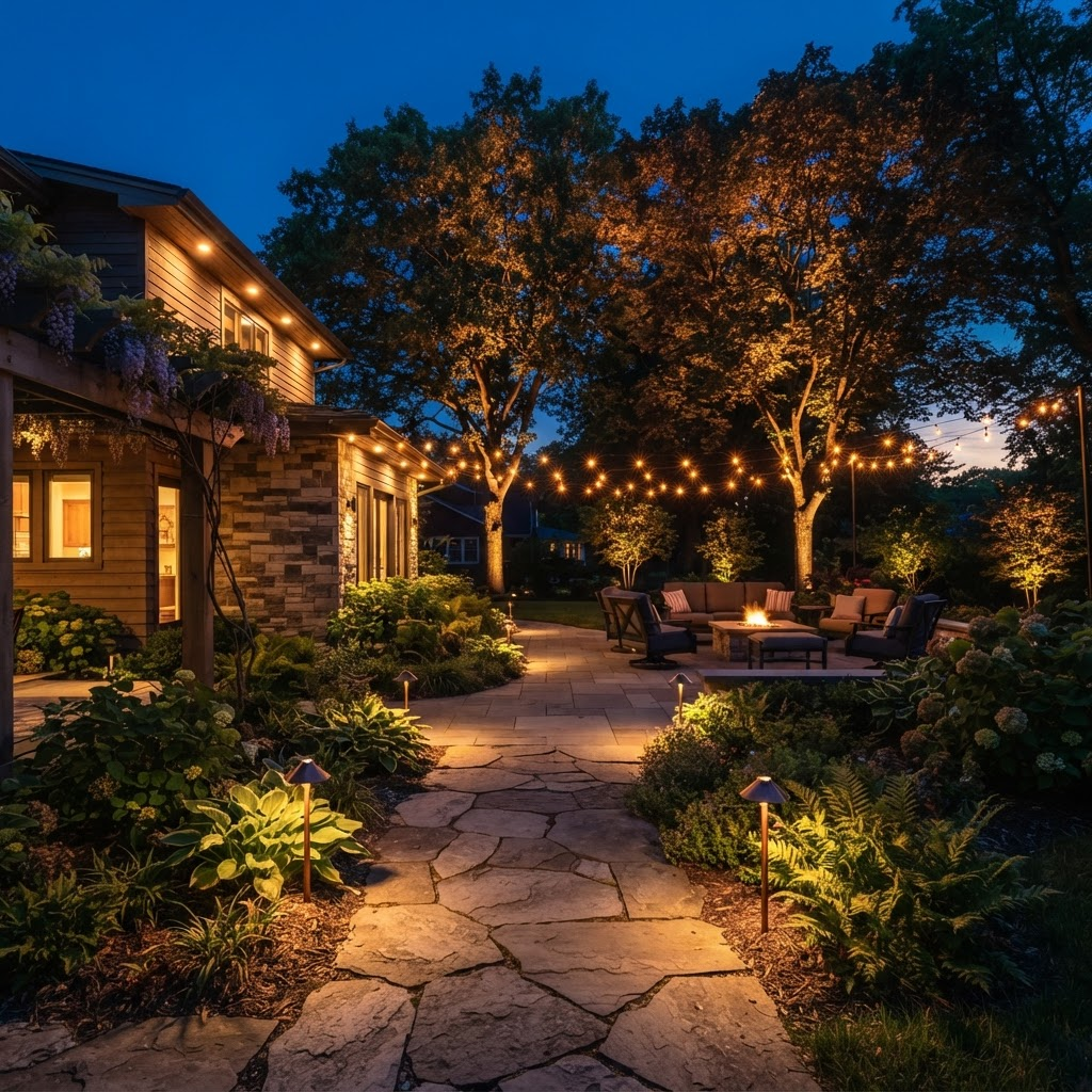 Backyard patio at dusk lit with warm low-voltage landscape lighting, uplit trees, and a lit stone pathway, the kind of atmosphere an Afterglow-style site is built to sell