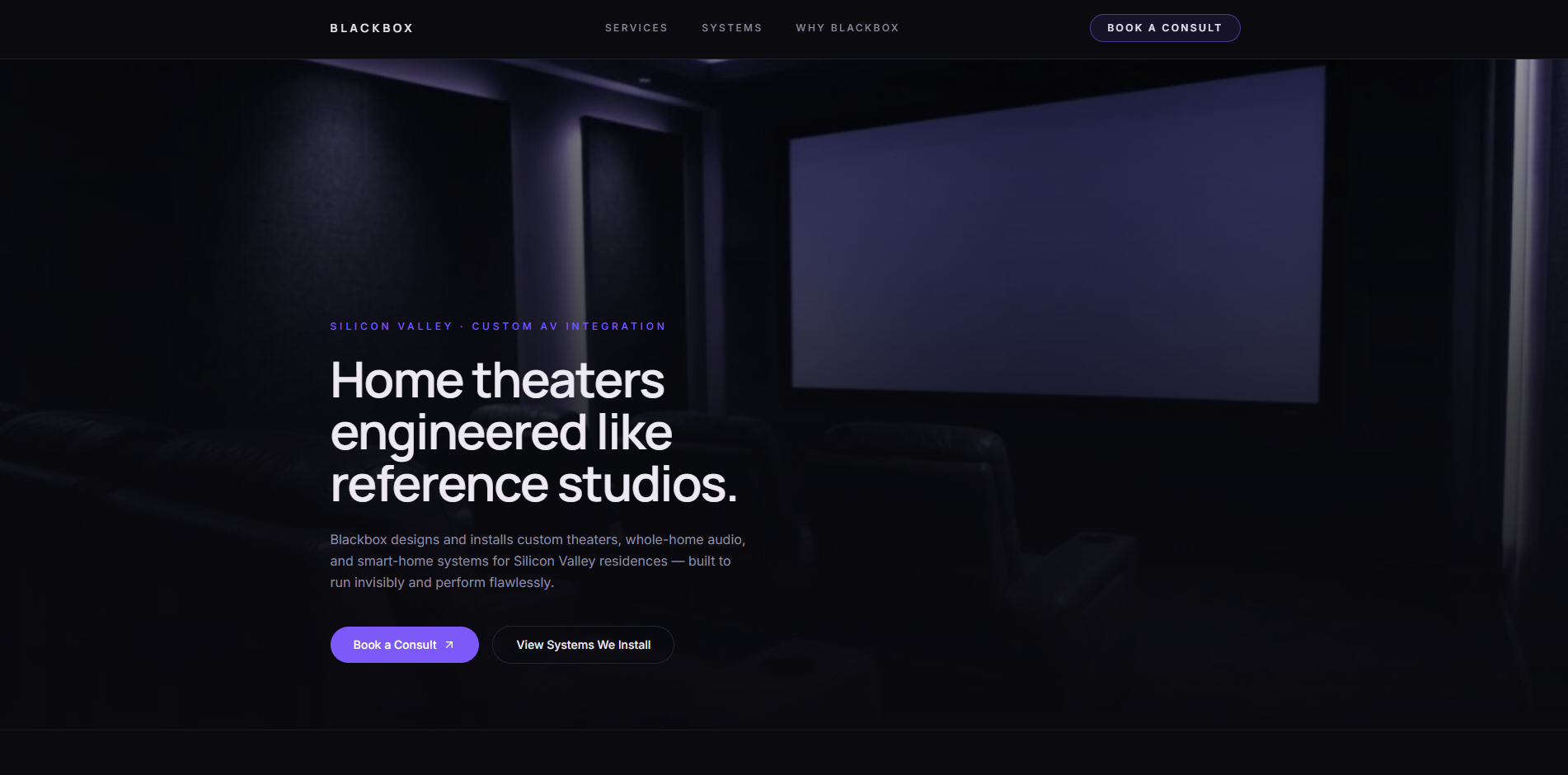 Blackbox website homepage dark cinematic design for a Silicon Valley custom home theater and AV integrator
