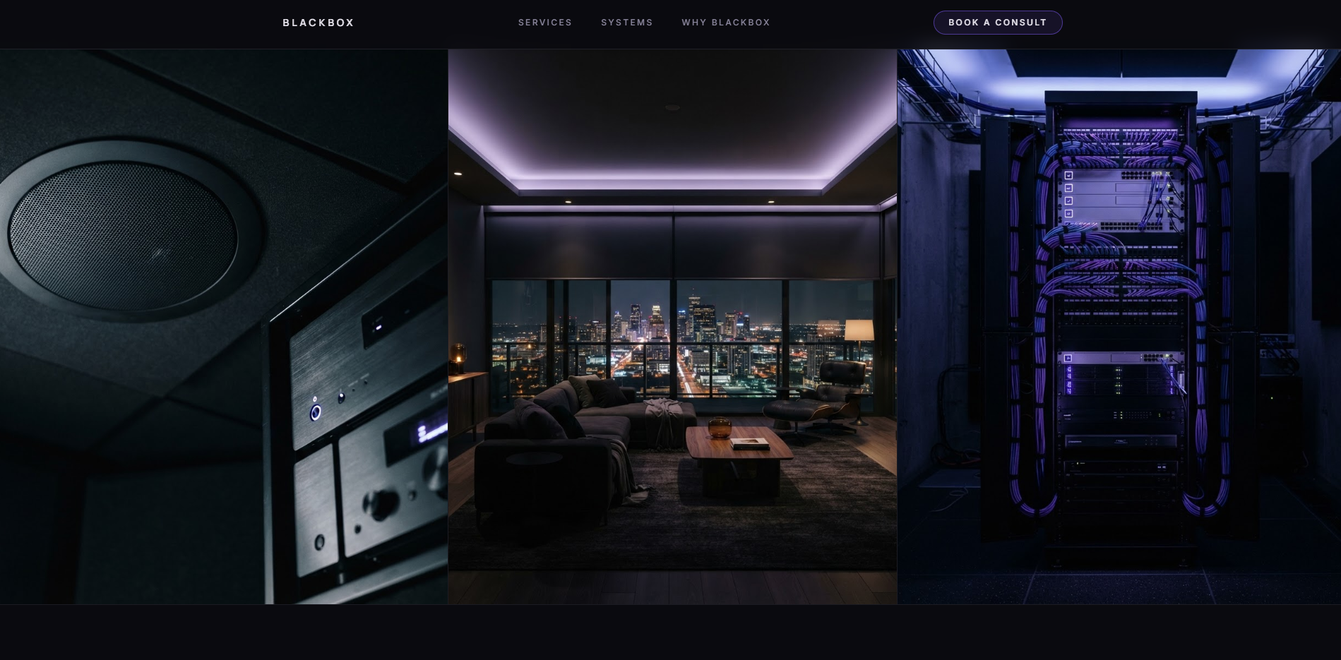 Blackbox website full-bleed photography strip showing amplifier detail, a finished theater room, and server rack cable management