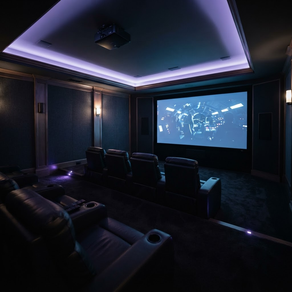 Finished custom home theater with violet ambient lighting and reference-grade projection screen, the kind of craftsmanship a Blackbox-style site is built to sell