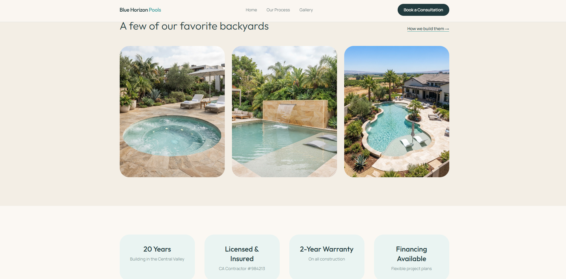 Blue Horizon Pools gallery page with photos of finished backyards and a trust strip showing 20 Years, Licensed and Insured, 2-Year Warranty, and Financing Available