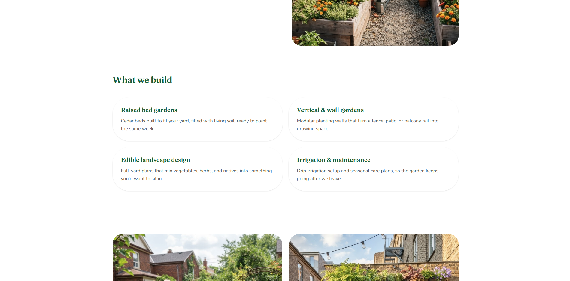 Canopy Urban Gardens What We Build services grid listing raised bed gardens, vertical and wall gardens, edible landscape design, and irrigation and maintenance