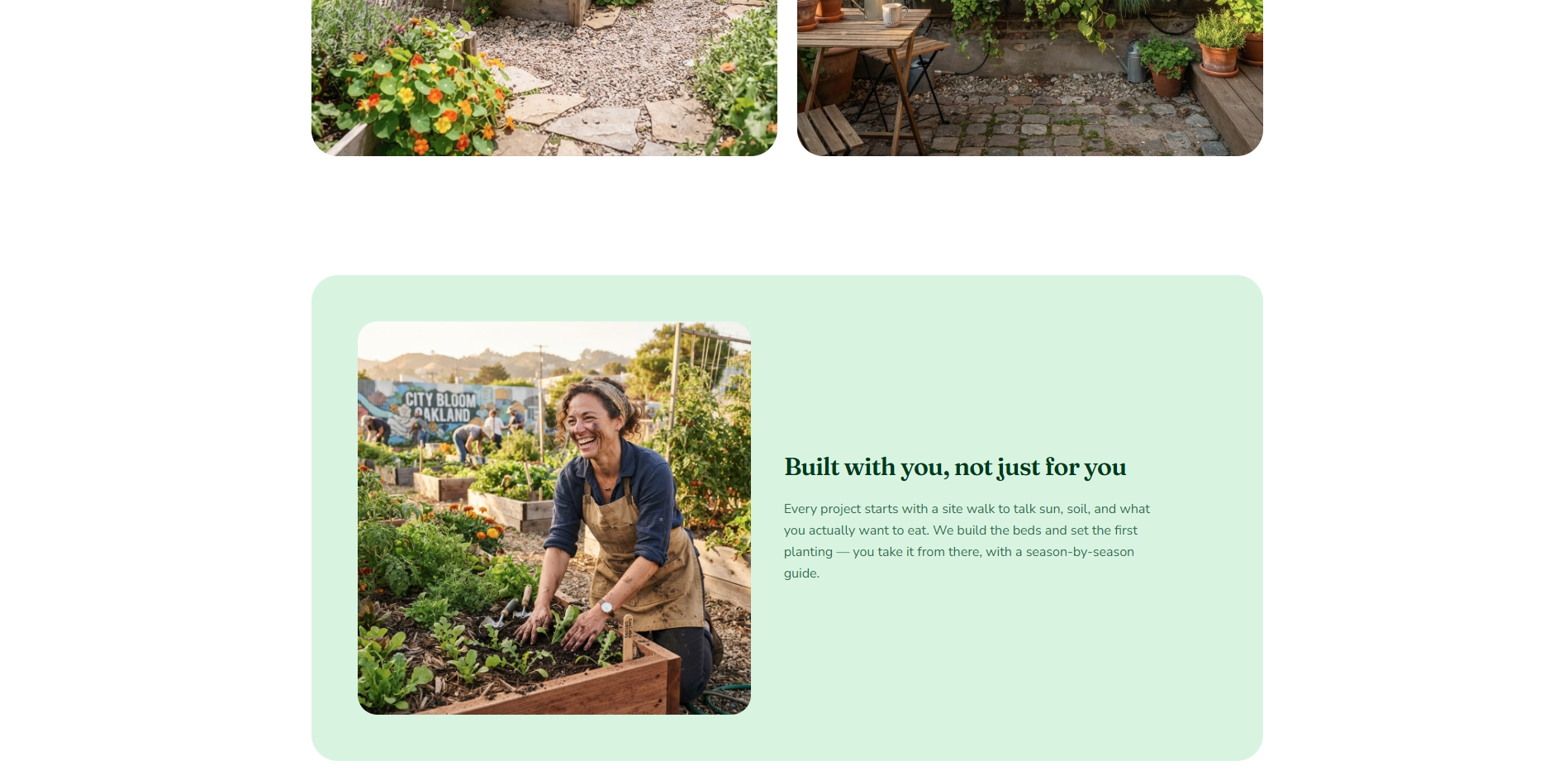 Canopy Urban Gardens Built with you, not just for you section describing the studio's site-walk-first process and season-by-season guide handoff