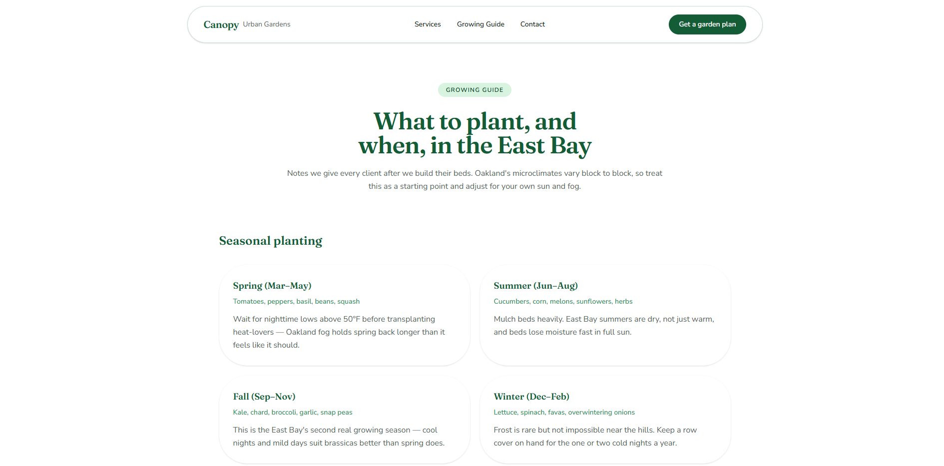 Canopy Urban Gardens Growing Guide page with seasonal planting cards for spring, summer, fall, and winter in the East Bay