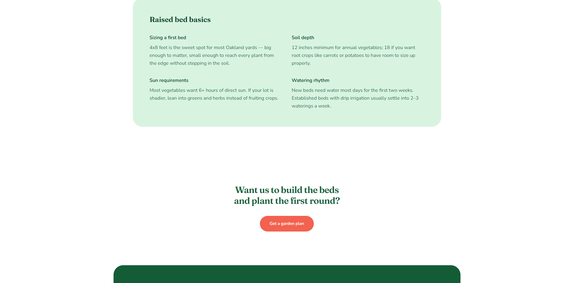 Canopy Urban Gardens Raised Bed Basics reference card covering bed sizing, soil depth, sun requirements, and watering rhythm