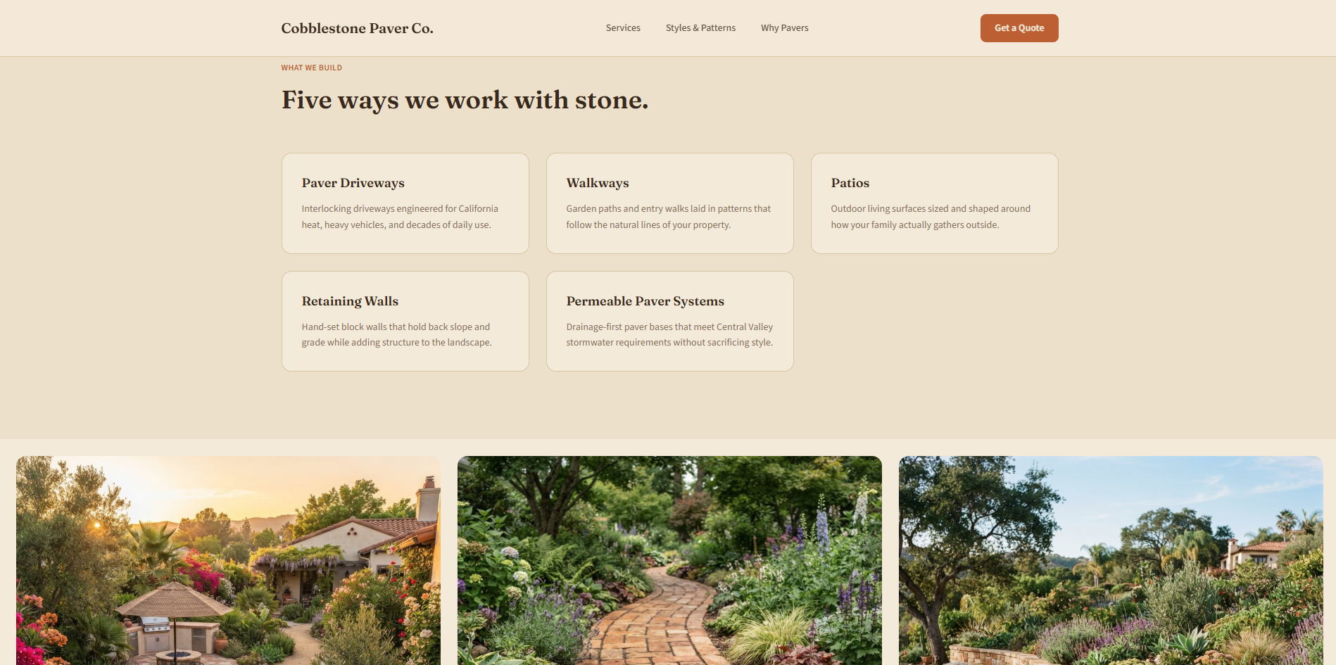 Cobblestone Paver Co. Five Ways We Work With Stone services grid listing driveways, walkways, patios, retaining walls, and permeable paver systems, each tied to a real concern