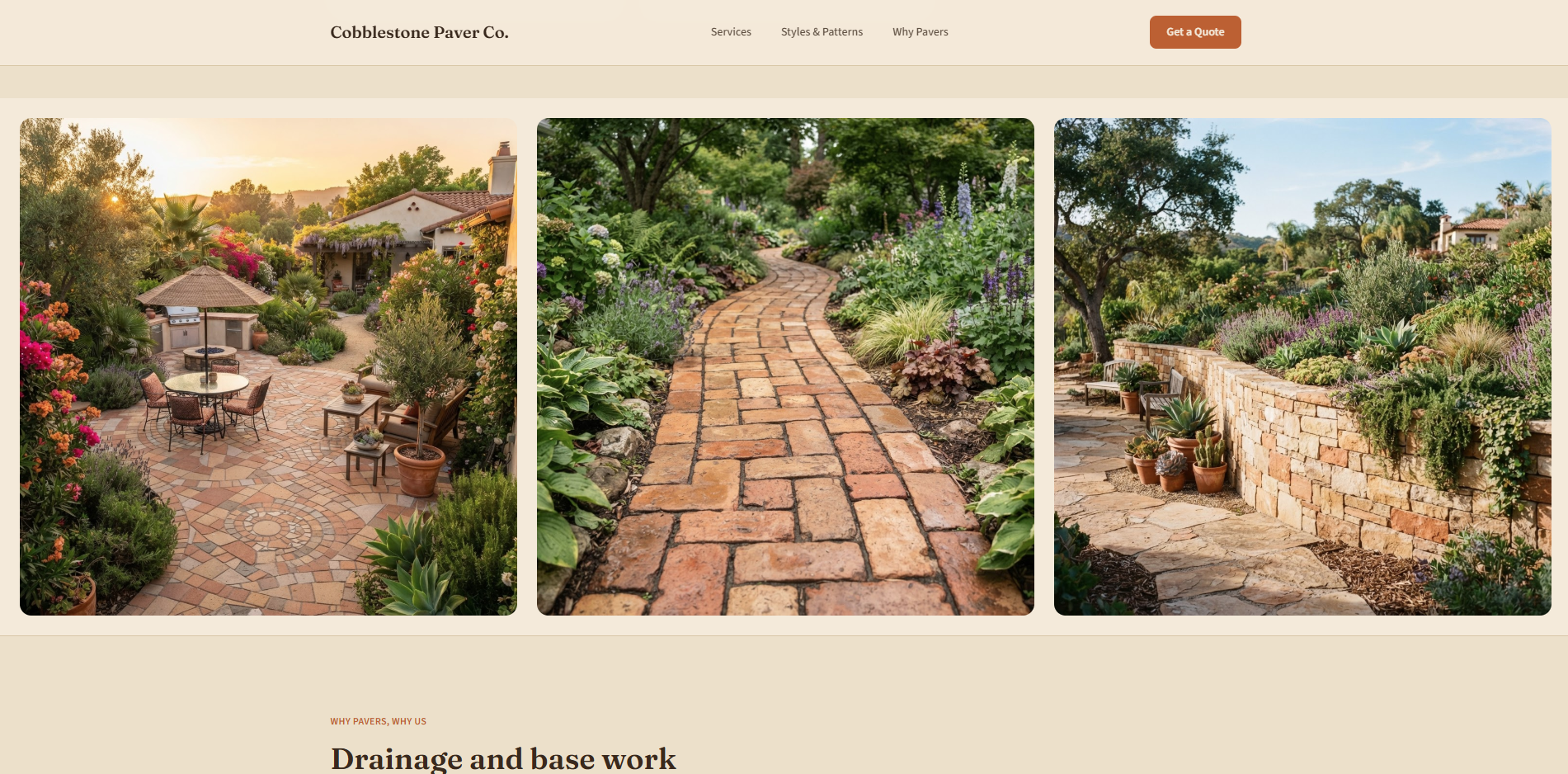 Cobblestone Paver Co. Styles & Patterns page with a swatch-style photo gallery of a circular patio pattern, brick pathway, and stone retaining wall