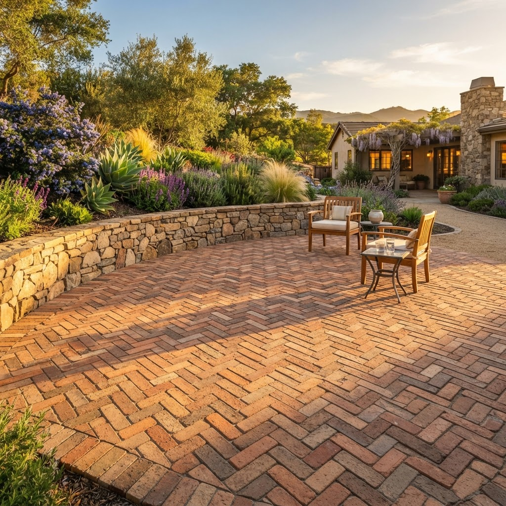 Finished herringbone brick paver patio at golden hour with a hand-set stone retaining wall, the kind of craftsmanship a Cobblestone-style site is built to sell