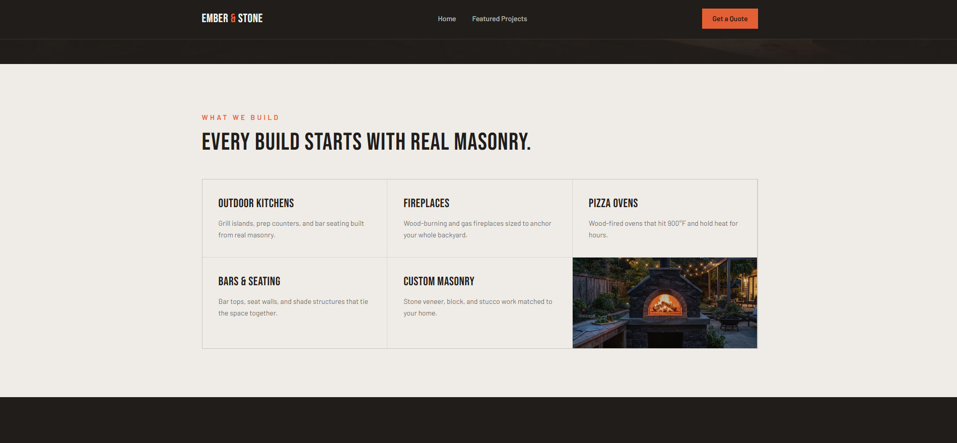 Ember & Stone What We Build section listing outdoor kitchens, fireplaces, pizza ovens, bars and seating, and custom masonry, alongside a photo of a lit wood-fired pizza oven