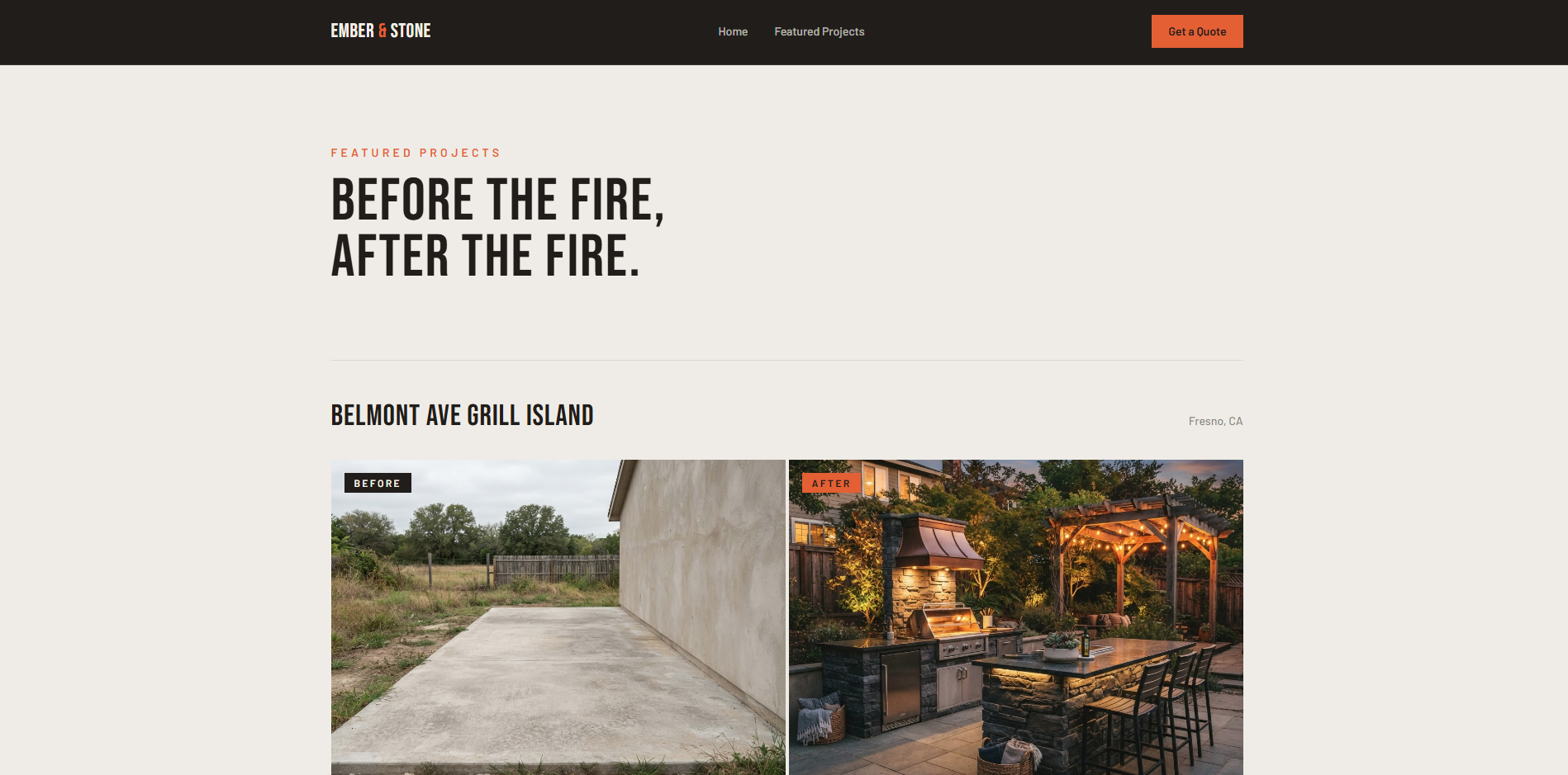 Ember & Stone Featured Projects page with the headline Before the fire, after the fire and a before/after pair for the Belmont Ave Grill Island project in Fresno CA