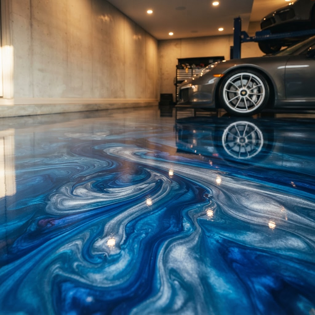 Cinematic close-up of a mirror-gloss metallic epoxy floor finish with deep ocean blue and silver swirls representing the caliber of custom flooring work done by LuxuryDesignz