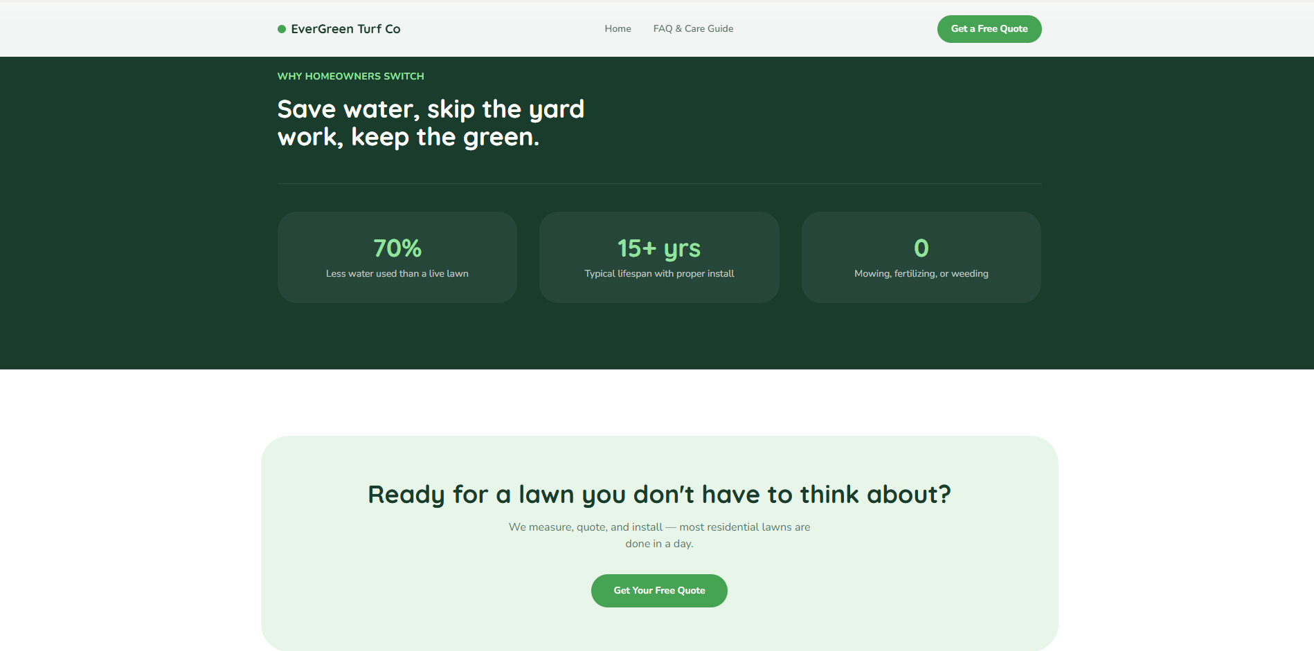 EverGreen Turf Co dark green stats section showing 70 percent less water used, 15 plus years lifespan, and zero mowing fertilizing or weeding