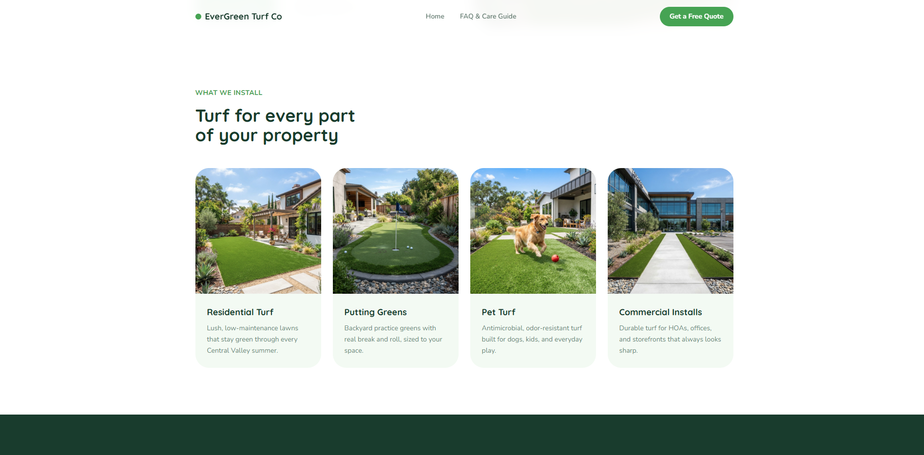 EverGreen Turf Co What We Install grid showing residential turf, putting greens, pet turf, and commercial installs each tied to a real use case