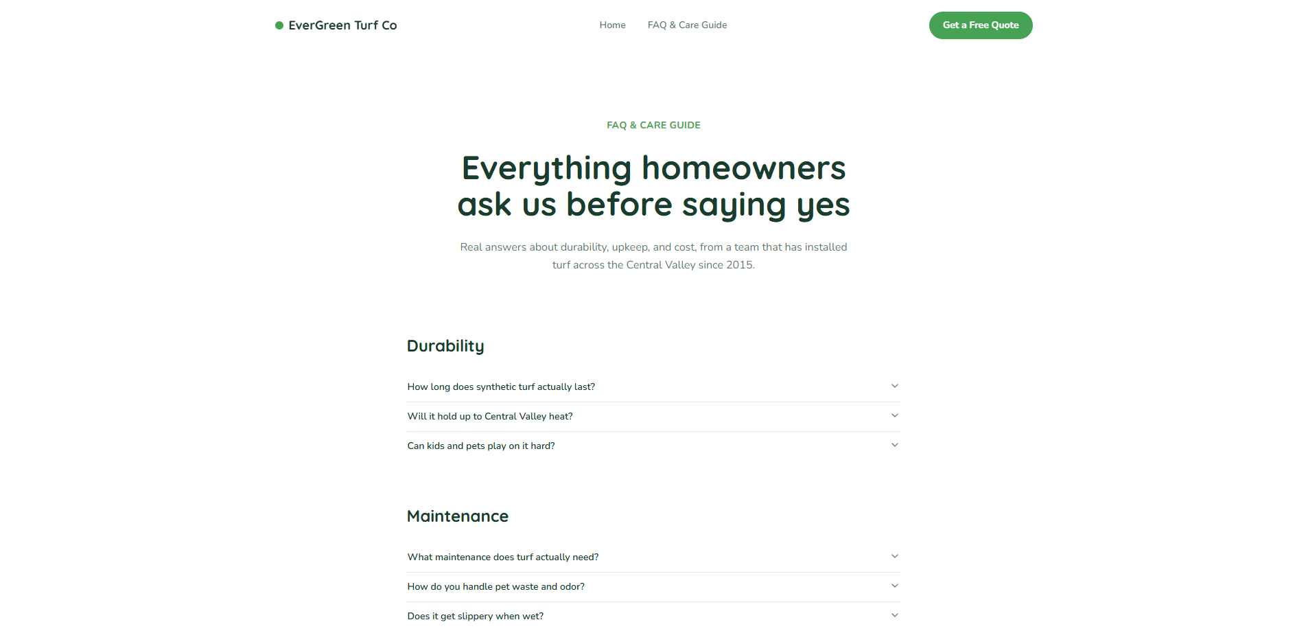 EverGreen Turf Co FAQ and Care Guide page hero, everything homeowners ask us before saying yes