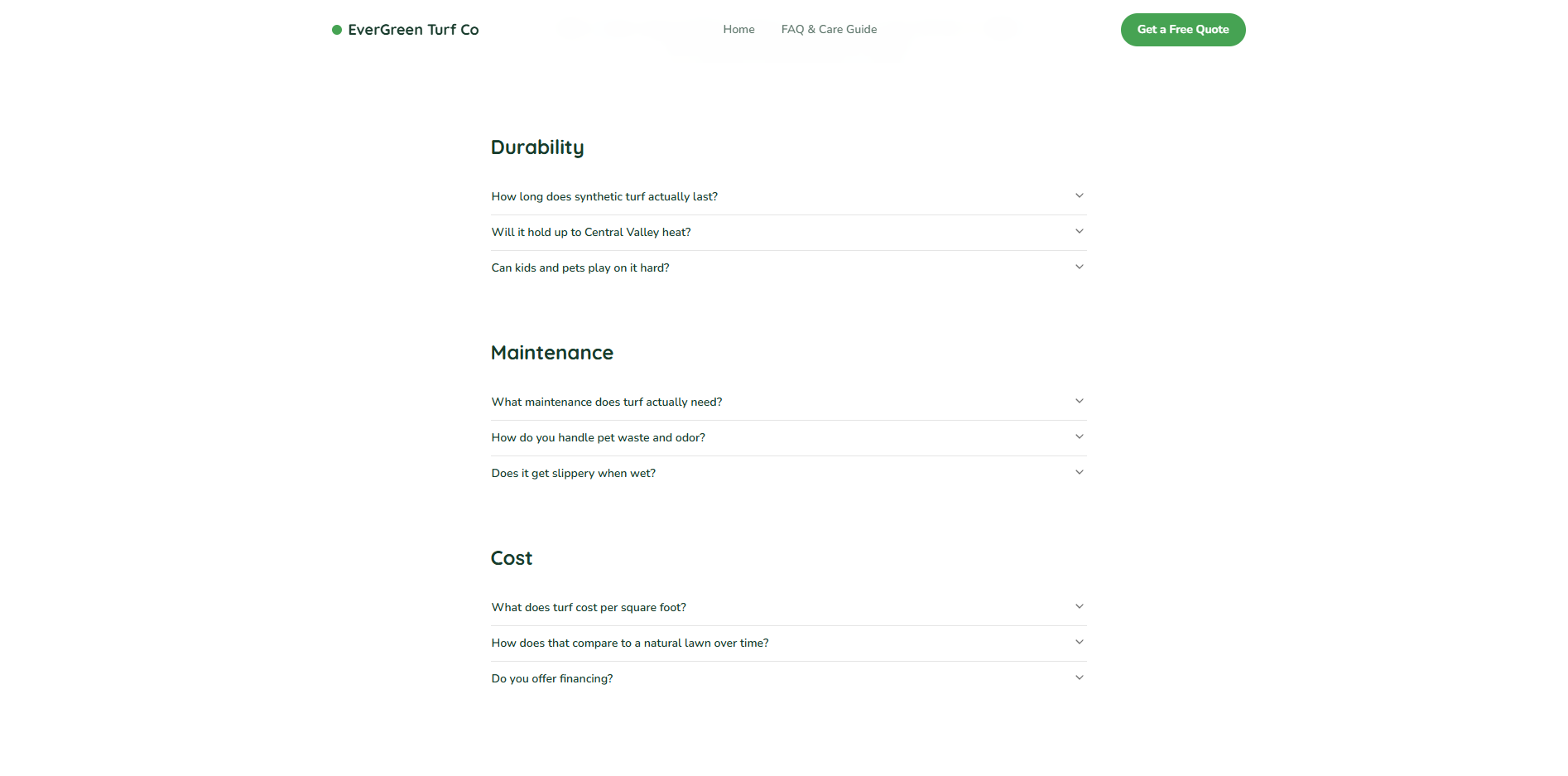 EverGreen Turf Co FAQ page organized into Durability, Maintenance, and Cost accordion sections
