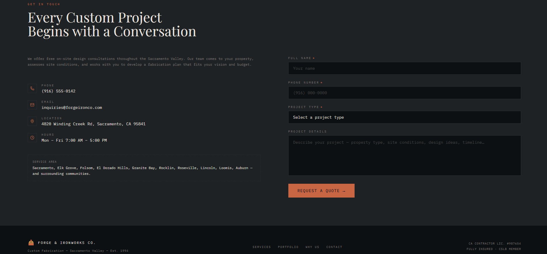 Forge & Ironworks Co. website, section 5