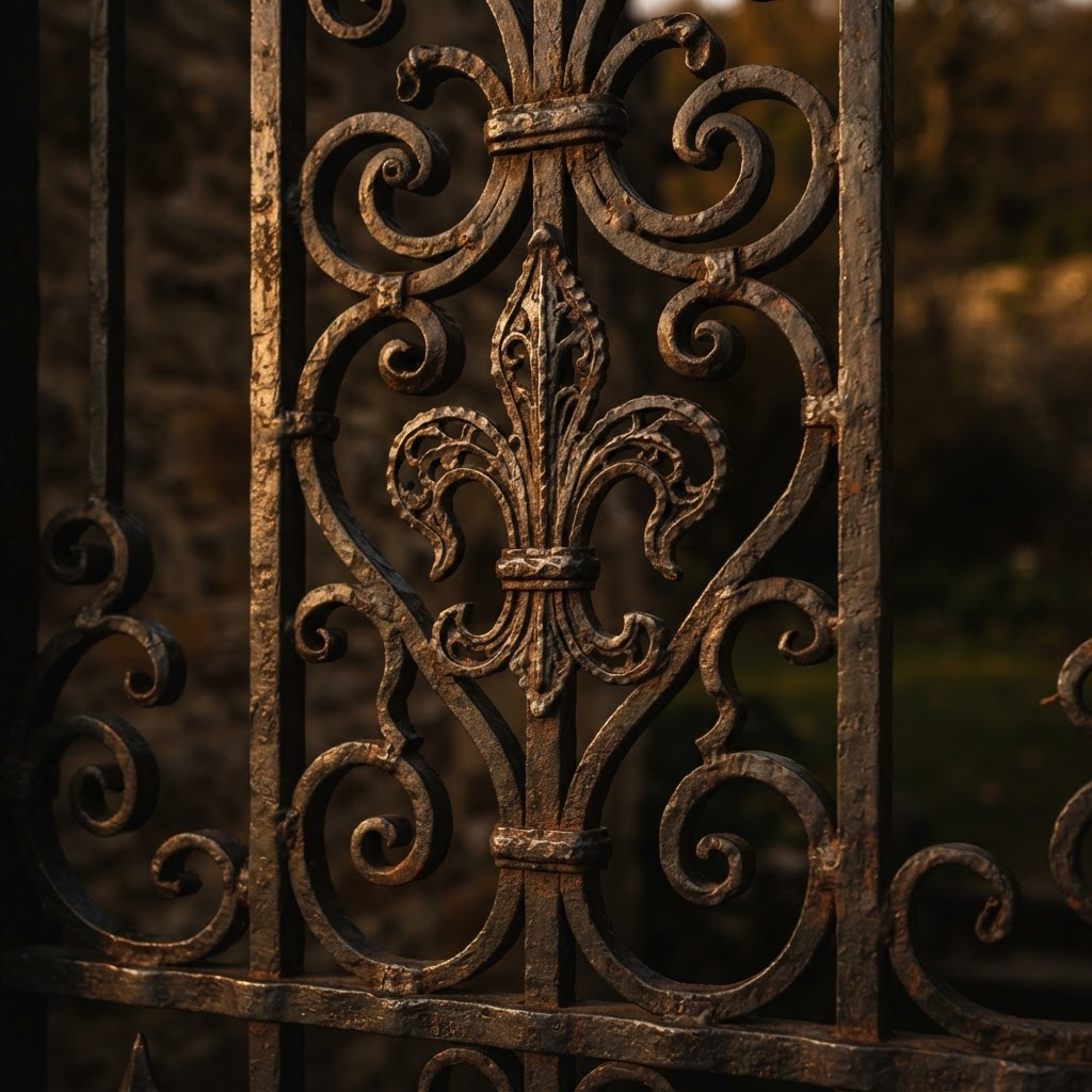 Close-up of hand-forged wrought iron scrollwork and finials