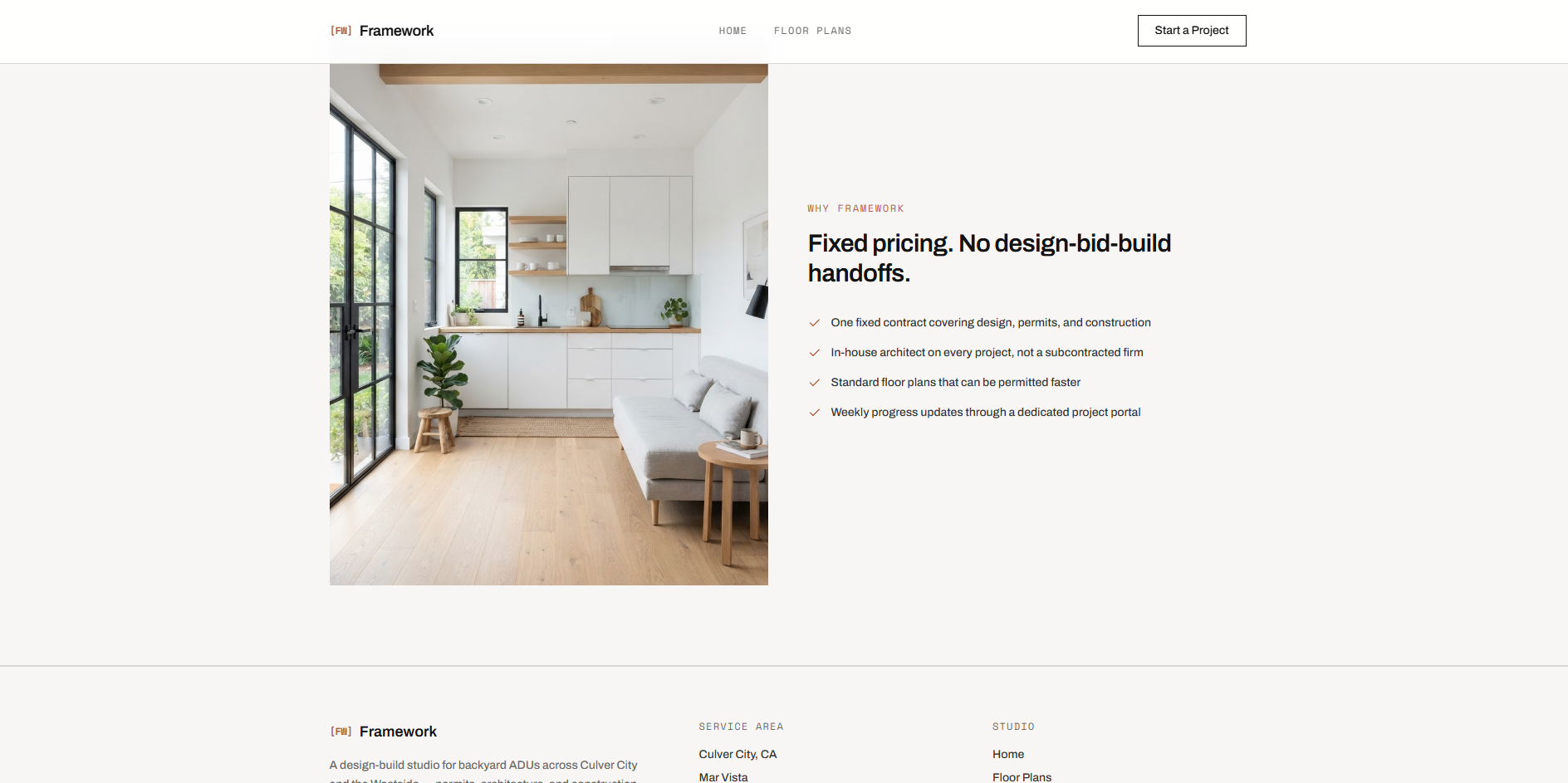 Framework Why Framework section with a photo of a minimalist ADU interior alongside fixed pricing and in-house architect trust points