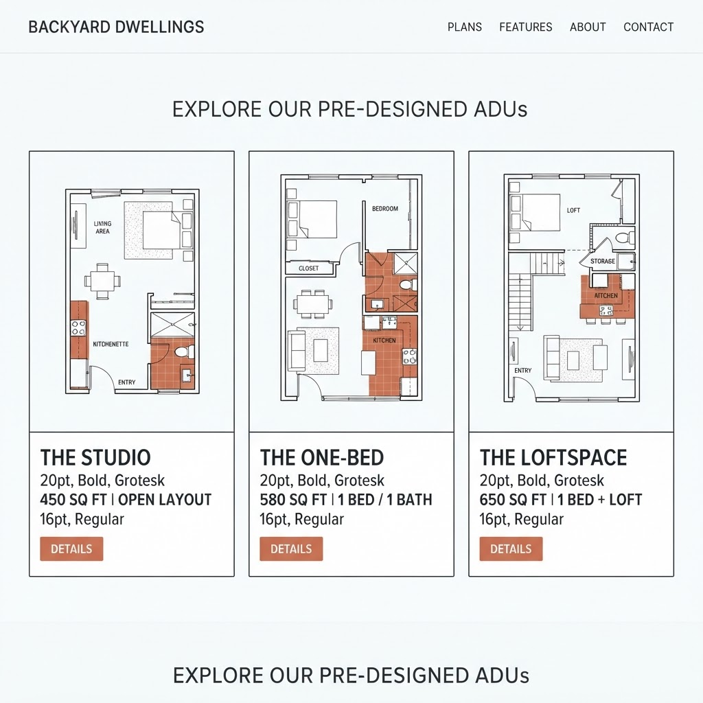 Framework Floor Plans page showing simple line-drawing diagrams of standard ADU layouts