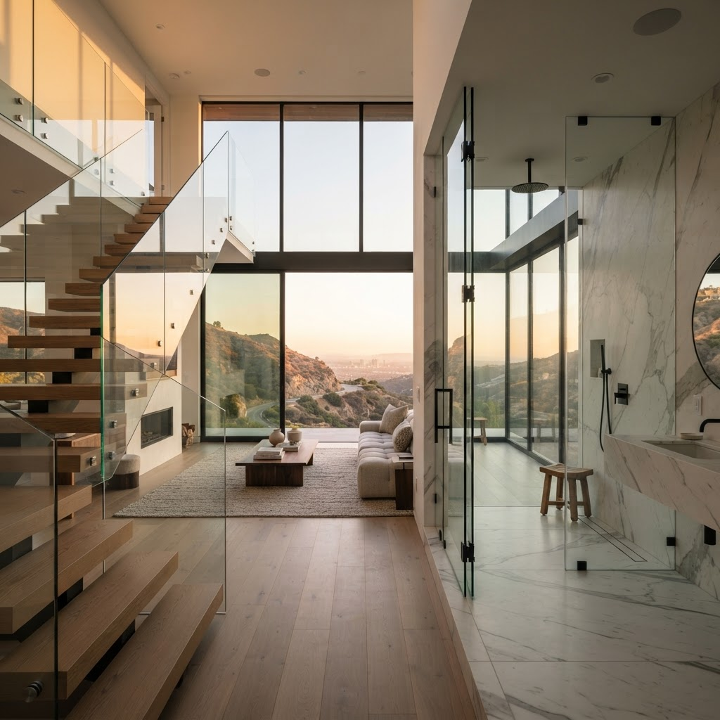 Luxury Los Angeles home with floor-to-ceiling frameless glass windows and architectural glass railings representing the caliber of work done by premium glass and window contractors