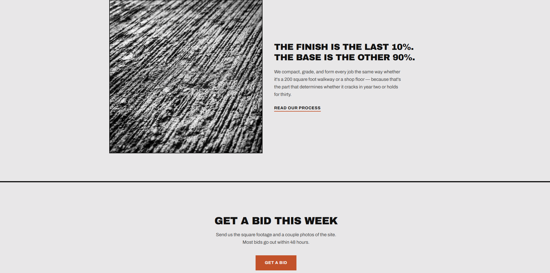 Groundwork Concrete Design section stating The finish is the last 10 percent, the base is the other 90 percent, next to a close-up photo of broom-finished concrete texture