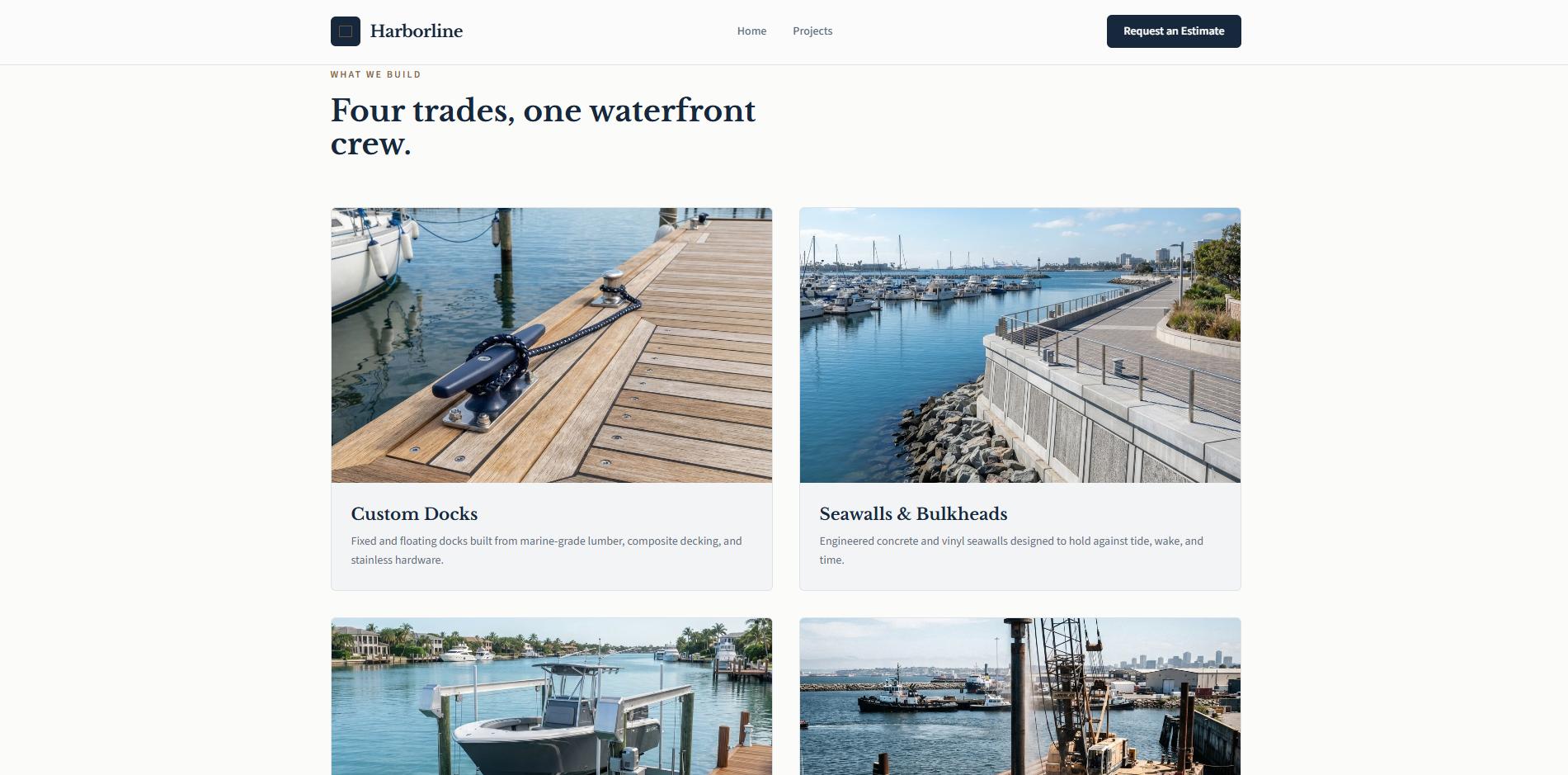 Harborline Four Trades One Waterfront Crew services grid showing custom docks and seawalls and bulkheads, with boat lifts and pile driving below