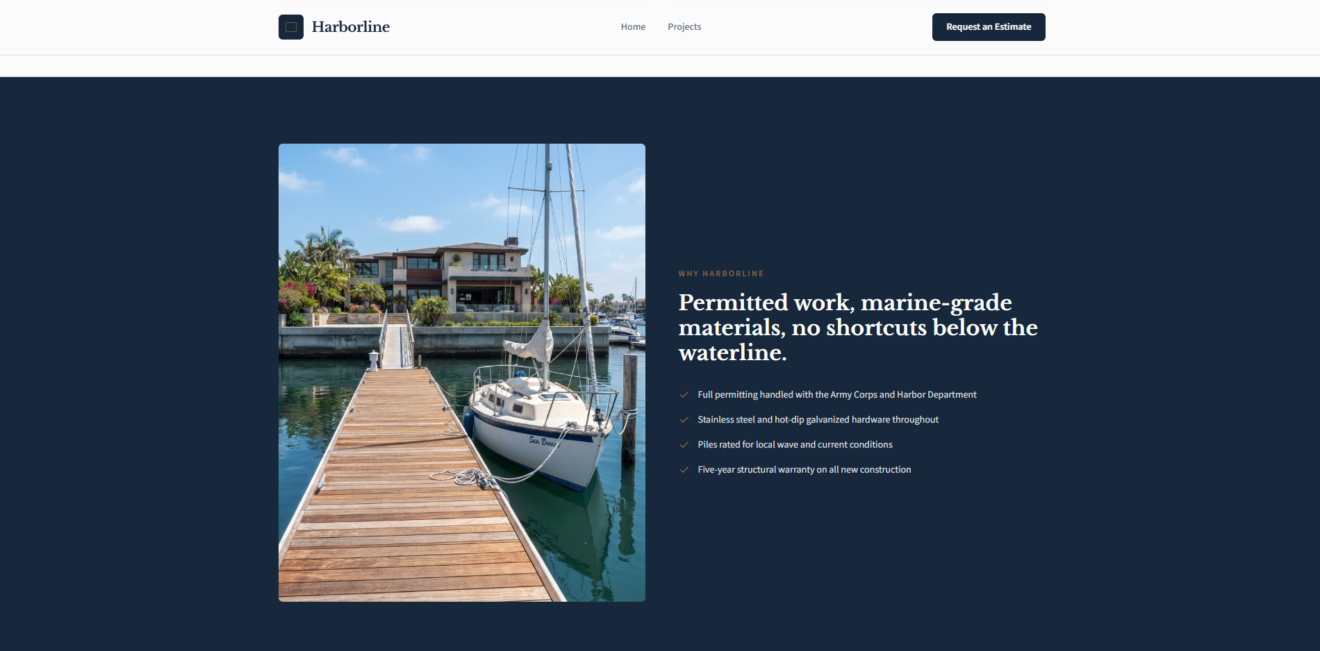 Harborline Why Harborline section with a dock and sailboat photo alongside permitting, hardware, pile rating, and warranty trust points