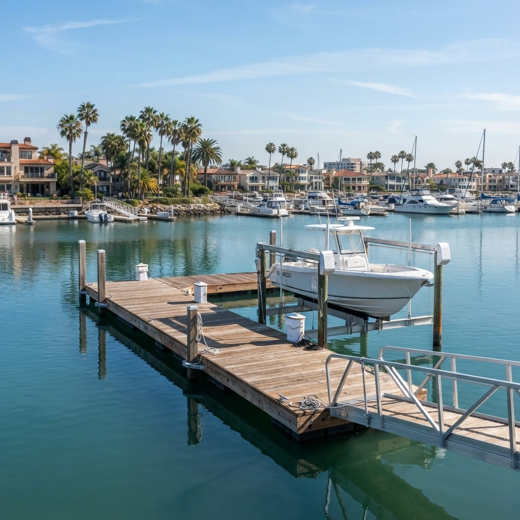 Completed Harborline dock and boat lift installation at a Long Beach marina, the kind of documented project shown as a spec sheet on the Projects page