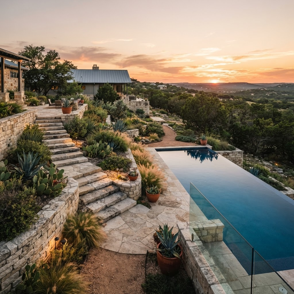 Premium residential landscape architecture project in the Texas Hill Country natural limestone steps, native plants, and an infinity-edge pool at golden hour, representing the caliber of work Meridian-style sites are built to attract