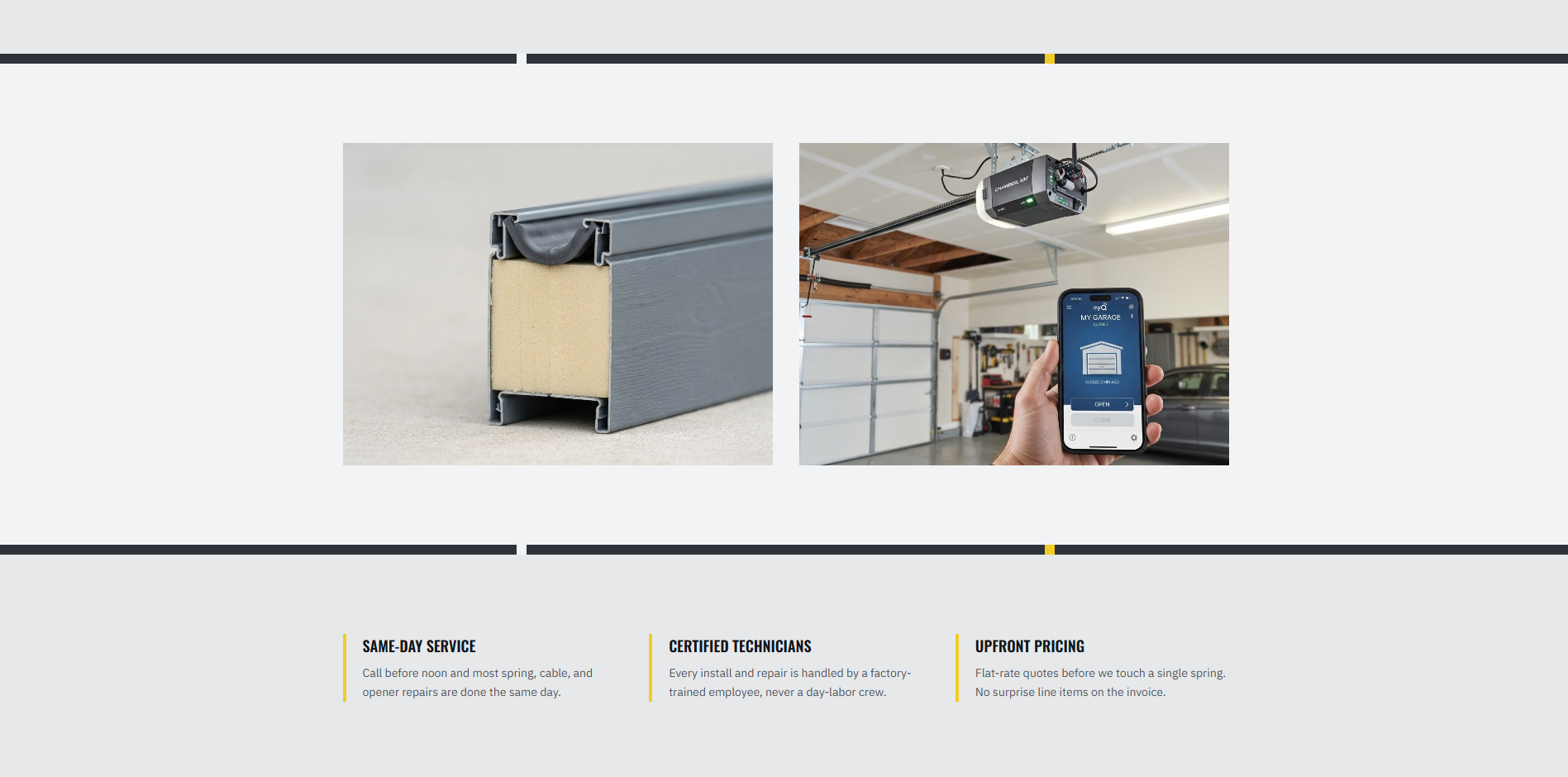 Overhead Door Works insulated garage door panel cross-section and a smart opener with the MyQ phone app, next to same-day service, certified technicians, and upfront pricing trust points
