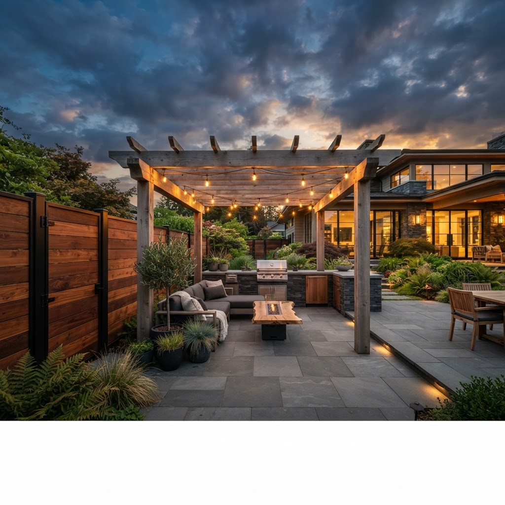 Premium residential outdoor living space featuring custom steel and wood fencing, stone patio pavers, and a cedar pergola the kind of craftsmanship a Ridgeline-style site is built to sell