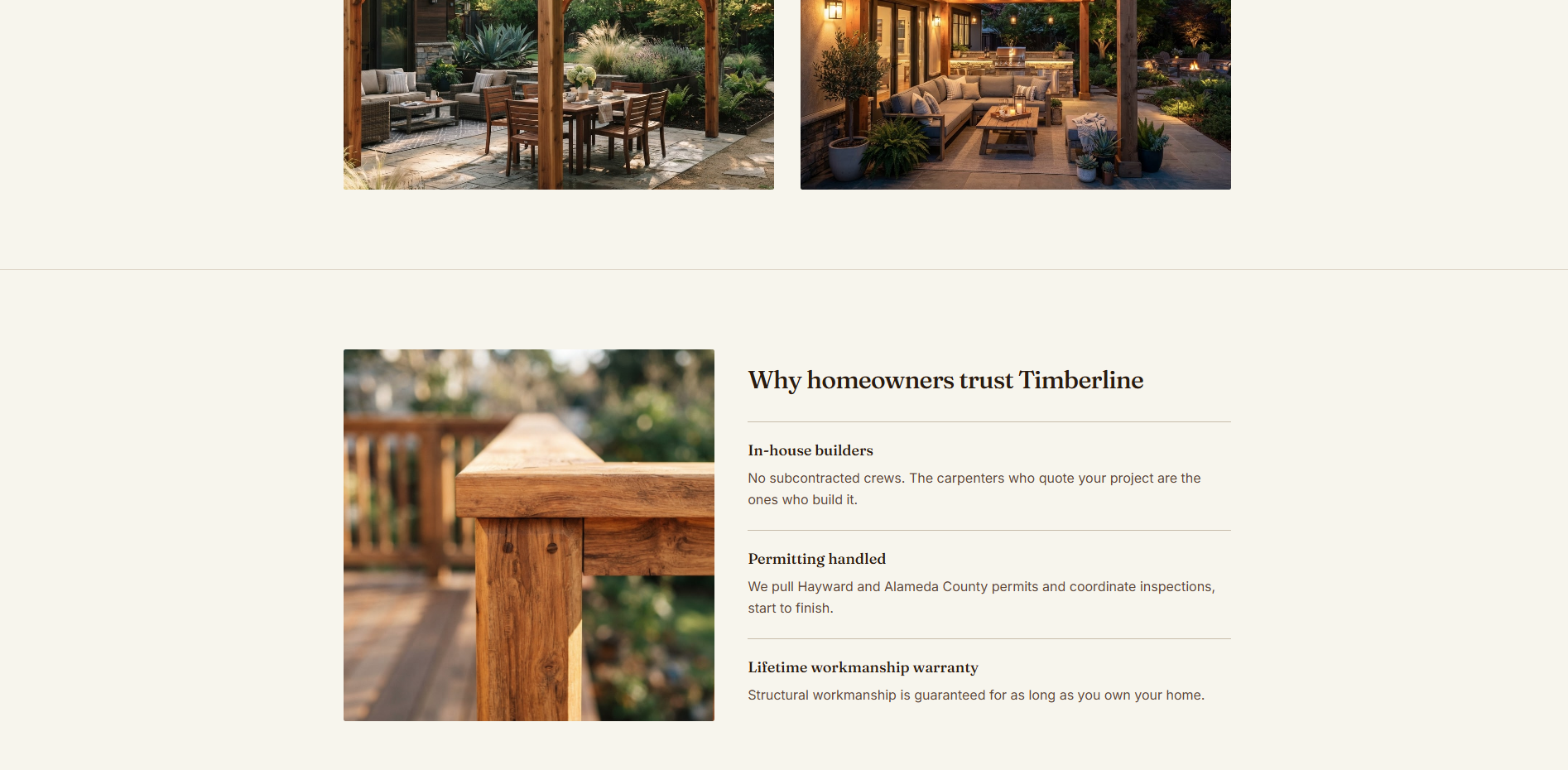 Timberline Outdoor Structures why homeowners trust Timberline section with in-house builders, permitting handled, and lifetime workmanship warranty