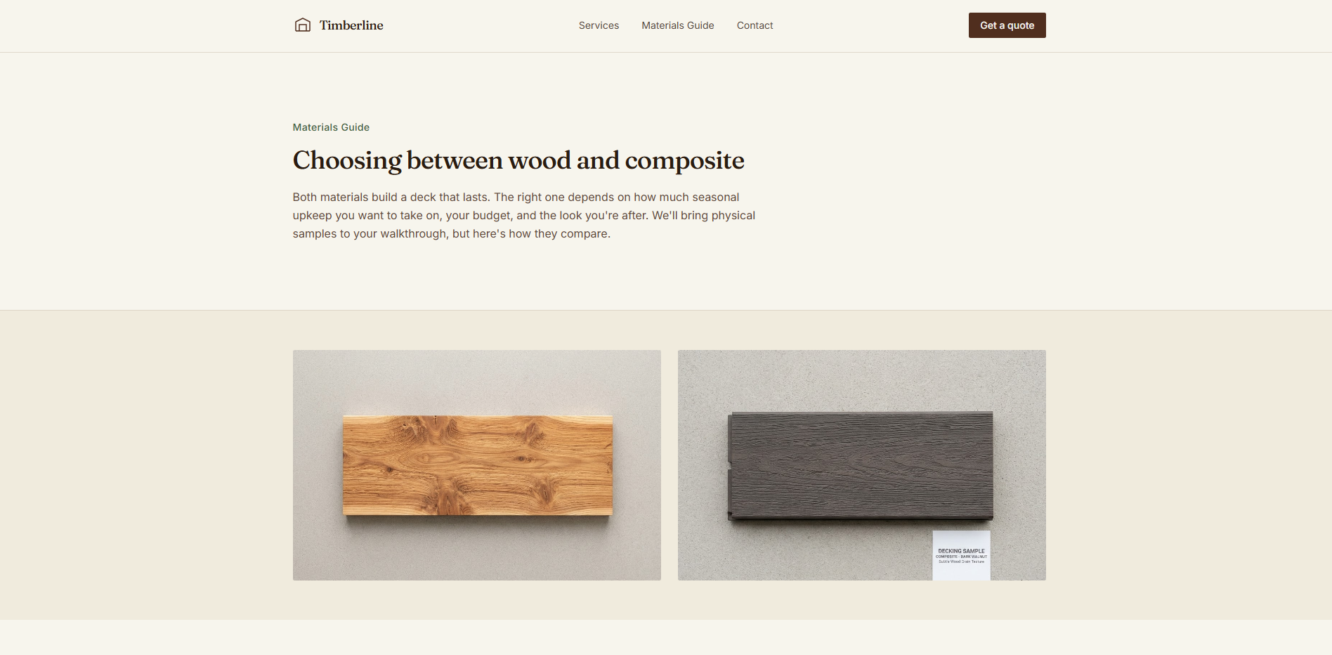 Timberline Outdoor Structures Materials Guide page hero, choosing between wood and composite, with wood and composite decking sample photos
