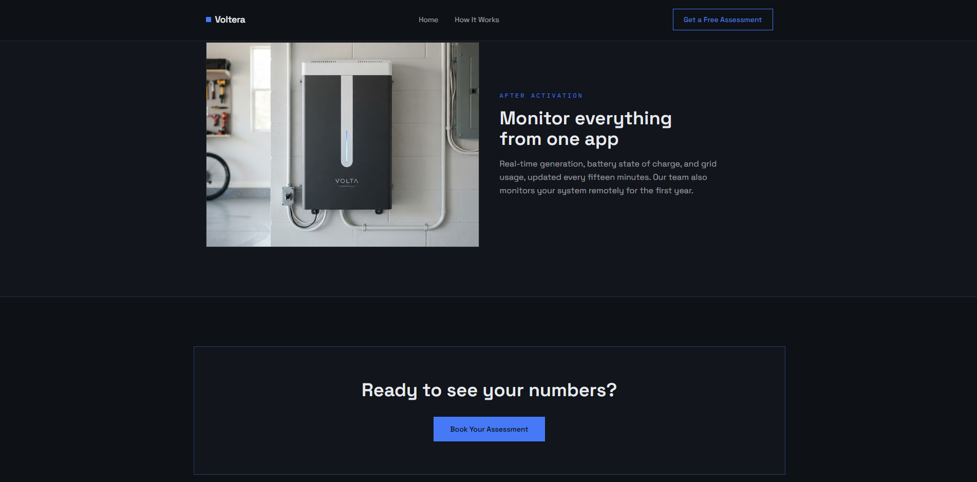 Voltera Monitor Everything From One App section describing real-time generation, battery state of charge, and grid usage data updated every fifteen minutes, followed by a call-to-action banner reading Ready to see your numbers
