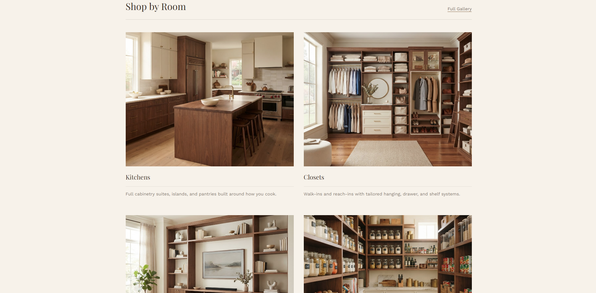 Woodline Interiors Shop by Room section showing Kitchens and Closets tiles organized like a showroom walkthrough