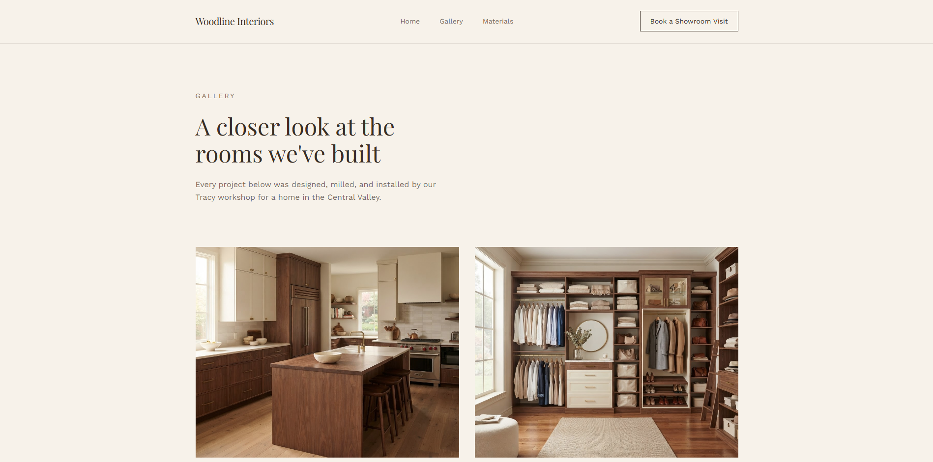 Woodline Interiors Gallery page headlined A closer look at the rooms we've built, showing a walnut kitchen and a walk-in closet side by side